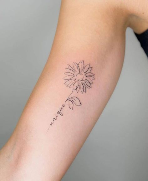 Sunflower With Letter Tattoo, Cute Simple Sunflower Tattoos, Sunflower With Quote Tattoo, Sunflower With Name Stem Tattoo, Sunflower Tattoos With Words, Sunflower Tattoo With Words As Stem, Sunflower With Words Tattoo, Sunflower Tattoo With Initials, Sunflower Breathe Tattoo