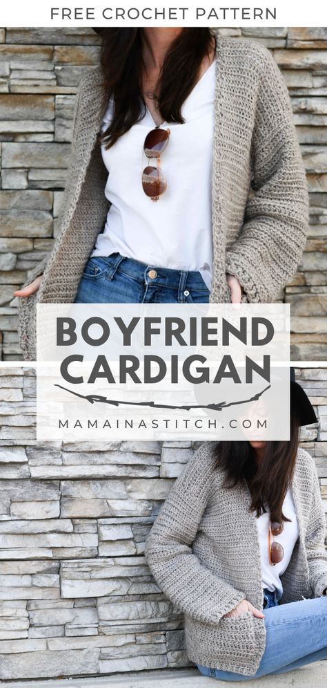 Easy Crochet Sweater Pattern - Boyfriend Cardigan – Mama In A Stitch Boyfriend Cardigan Knitting Pattern, Crochet Boyfriend Sweater, Crochet Sweaters & Cardigans, Crochet Cardigan Pattern Free Women Easy, Crochet Sweaters Women, Free Crochet Sweater Patterns For Women, Crochet Sweater Pattern Free Easy, Easy Crochet Sweaters, Crochet Sweater Patterns Free