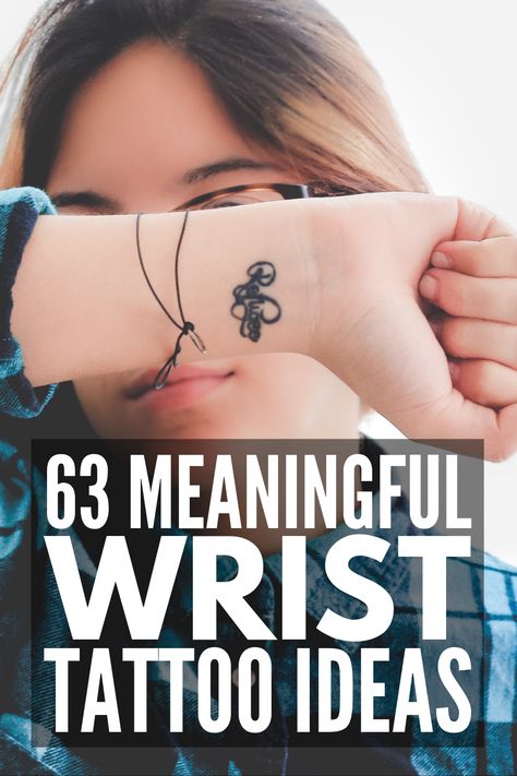 63 Wrist Tattoos for Women with Meaning | If you’re looking for small tattoos that are unique and powerful and go beyond basic cross, arrow, butterfly, heart, and floral designs, this collection of tattoo design inspiration has it all. From words, to quotes, to roman numerals and beyond, these tattoos are a great way for mom and dad to honor their kids, to give you strength during hard times, and to remind you of your family, faith, and friends. #wristtattoos #smalltattoos #wordtattoos Meaningful Wrist Tattoos For Women, Simbols Tattoo, Font Tato, Wrap Around Wrist Tattoos, Wrist Tattoos Girls, Side Wrist Tattoos, Meaningful Wrist Tattoos, Tato Dengan Makna, Simple Tattoos For Women