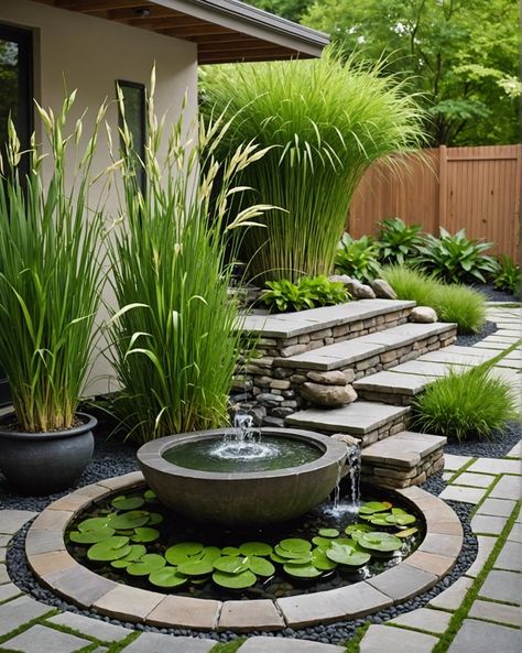 20 Lemon Grass Plant Ideas For Patios - Toolz Geek Landscaping Centerpieces, Asian Landscape Ideas, Lemon Grass Plant, Garden Fountain Ideas, Courtyard Fountain, Patio Water Feature, Lemongrass Plant, Garden Sanctuary, Patio Pond