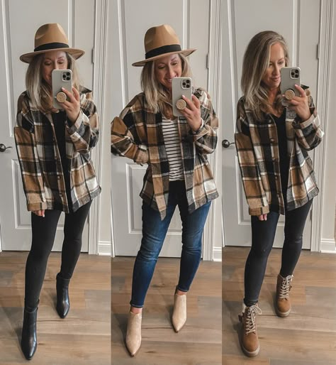 Plaid Top And Leggings Outfit, Flannel Outfit Women Casual, Plaid Shirt And Vest Outfit, Dress Up Plaid Shirt, Brown Plaid Jacket Outfit Woman, Fall Plaid Shirts For Women, Plaid Winter Outfits For Women, Fall Plaid Outfit Flannel Shirts, Oversized Flannel Outfits Work