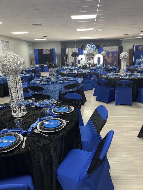 Royal Blue Silver And Black Party, Royal Blue Black And Silver Wedding Table Settings, Blue Birthday Themes, Blue Party Themes, Blue Quinceanera Theme, Surprise 30th Birthday, Blue Table Settings, Blue Sweet 16, Black Party Decorations