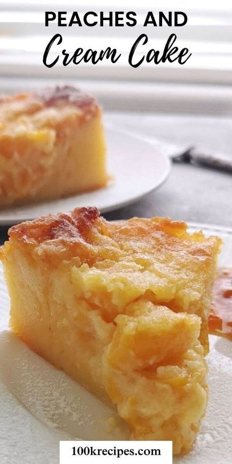 Peaches and Cream Cake Recipe | 100K Recipes Peach And Cream Pie, Desserts Made With Fresh Peaches, Dessert With Fresh Peaches, Peach Cake With Canned Peaches, Peach And Cream Cake, Peach Ice Cream Cake, Peach Dessert Recipes With Fresh Peaches, Peaches And Cream Spread, Peach Cream Cake