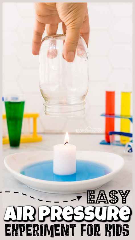 Get ready to WOW your kids with a super EASY science experiment for kids!  This simple rising water experiment uses common household items to demonstrate a couple scientifc principles such as fire and oxygen as well as air pressure for kids. This burning candle in water experiment is fun for preschool, pre-k, kindergarten, first grade, 2nd grade, 3rd grade, 4th grade, 5th grade, and  6th graders. Olders students will benefit using the free printable burning Candle in Water Experiment Worksheets Fire Science Experiments Kids, Candle In Water, Air Pressure Experiments, Weather Experiments, Water Science Experiments, Candle Science, Science Experiment For Kids, Water Experiments, Experiment For Kids