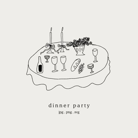 Nancy Meyers Dinner Party, Dinner Party Drawing, Whimsical Dinner Party, Dinner Party Illustration, Brunch Illustration, Tiny Illustrations, Clipart Drawings, Wedding Graphic Design, Wedding Illustrations