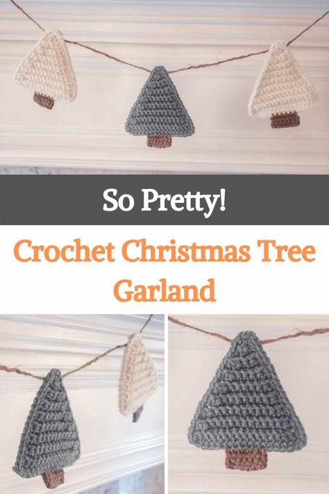 This Christmas project is great for beginners and also makes an easy gift tag or applique! Garlands are one of the most popular crochet projects to create. They are a quick and easy way to add a touch of handmade, affordable, and festive holiday decoration to any space. Each crocheted Christmas tree is made in single crochet with an extra trim around the edges. Using the back lace just one crochet stitch creates a nice cozy texture. The trunk is crocheted at the base of the finished tree. ... Crochet Christmas Tree Garland, Crocheted Christmas Tree, Crochet Christmas Garland, Knitted Christmas Decorations, Quick Crochet Gifts, Crochet Queen, Crochet Christmas Trees Pattern, Crochet Christmas Tree, Pretty Christmas Trees