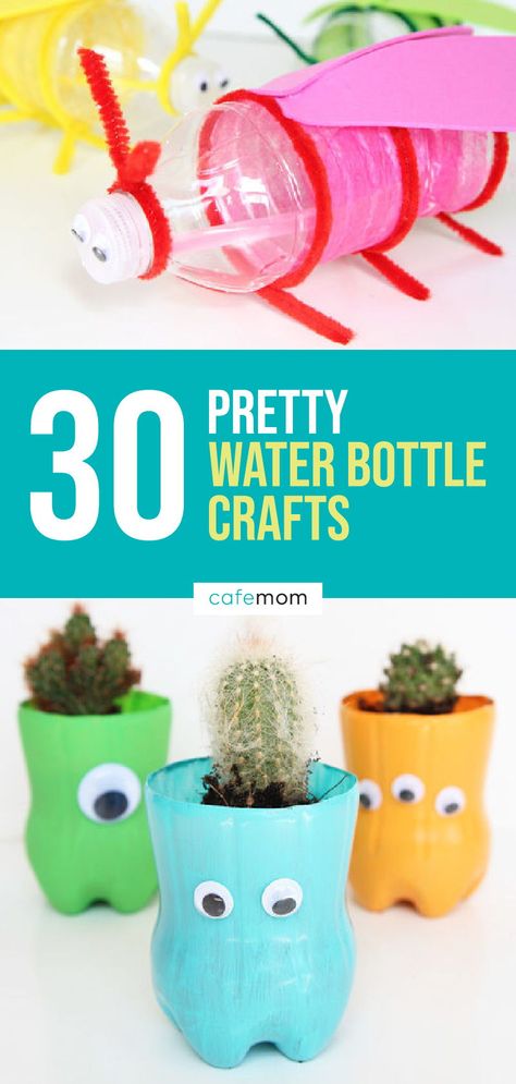 30 Pretty Water Bottle Crafts: These water bottle crafts are perfect to make with your kids. Upcycle disposable water bottles into cool and easy DIY crafts children of all ages will enjoy making. Making Something Out Of Recycled Items, Upcycle Plastic Water Bottles, Water Bottle Recycling Ideas, Water Bottle Upcycle, Crafts Out Of Plastic Bottles, How To Reuse Water Bottles, Water Bottle Flowers How To Make, Recycled Crafts Toddlers, Water Bottle Upcycle Ideas