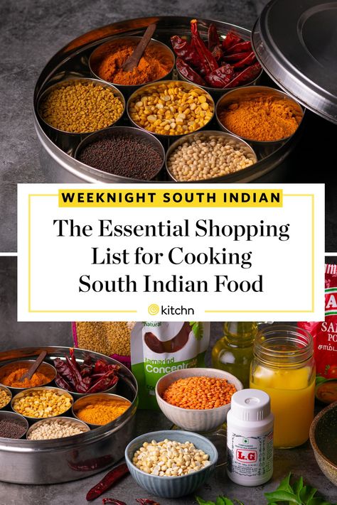 If you're looking to buy South Indian pantry essentials, your local Indian grocery store or market is a great start. This shopping list has the ingredients you’ll need to cook South Indian recipes at home, and suggestions for substitutions, where applicable. From spices to oil to seeds, this is everything you need. Quick South Indian Recipes, Indian Grocery List, Indian Food List, Indian Food At Home, Cultural Dishes, India Recipes, Indian Grocery Store, South Indian Recipes, Indian Meal