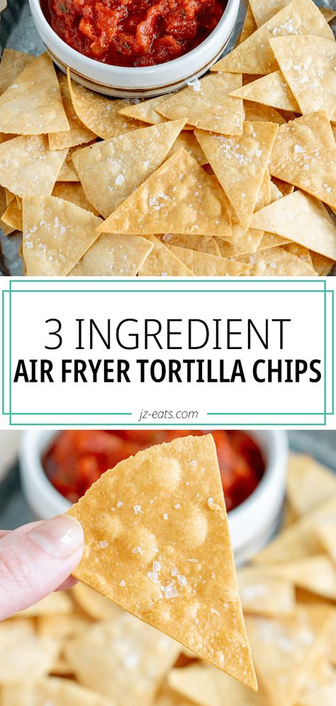 air fryer tortilla chips with salsa and close up Air Fryer Tortilla Chips, Flour Tortilla Chips, Air Fryer Tortilla, Carb Balance Tortillas, Fried Tortilla Chips, Tortilla Chip Recipe, Homemade Tortilla, Fried Chips, How To Make Tortillas