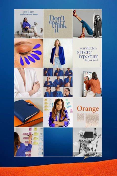 The use of visuals in Instagram feeds can help to improve engagement and brand awareness. By creating visually appealing and engaging content, brands can attract new followers and keep existing ones #Vibrant_Instagram_Feed #Clothing_Brand_Instagram_Layout #Insta_Layout_Ideas #Blue_Feeds Orange And Blue Instagram Feed, Clothing Brand Instagram Layout, Instagram Feed Design, Blue Feeds, Comunity Manager, Crea Cuir, Instagram Branding Design, Navy Blue Design, Instagram Feed Layout