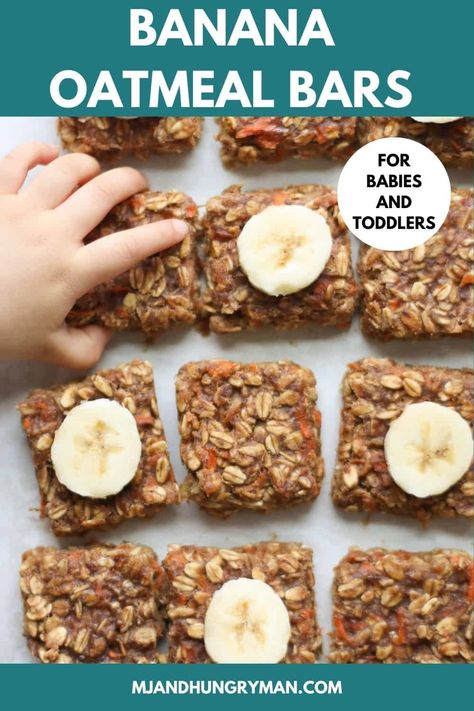 Soft and chewy, these healthy banana oatmeal bars are super easy to make with just a handful of pantry items. They're the perfect make-ahead, grab-n-go breakfast, snack, or dessert. Soft Baked Banana Oatmeal Bars, Toddler Snacks With Banana, Toddler Banana Oatmeal Bars, No Bake Toddler Snacks, Toddler Oatmeal Bites, Baby Oatmeal Bars, Toddler Oatmeal Bars, Oatmeal Bars For Toddlers, Oat Bars For Toddlers