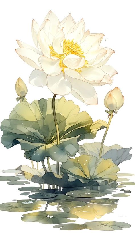 Beautiful watercolor illustration of a white lotus flower in bloom with green leaves | Premium AI-generated image Lotus Botanical Illustration, Lotus Flower Botanical Illustration, Watercolor Waterlilies, White Lotus Aesthetic, Chinese Lotus Flower, Lotus Flower Illustration, Lotus Blooming, Lotus Illustration, Lotus Watercolor