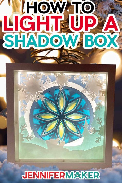 Pinterest for snowflake and bear lighted shadow box tutorial. Lit Shadow Box Ideas, Lighted Shadow Box Ideas Cricut, Holiday Shadow Box Ideas, Cricut Shadow Box Ideas Diy, Shadowboxes Ideas, Lighted Shadow Box Ideas, Cricut Shadow Boxes, Advent Village, Cricut Shadow Box