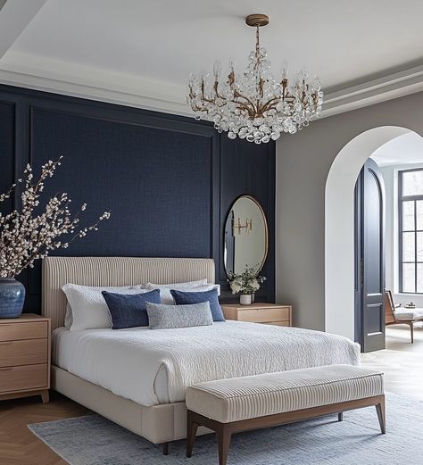 Navy Blue Master Bedrooms Decor, Blue Color Drenched Bedroom, French Modern Bedroom, Blue Walls Bedroom, Parent Bedroom, French Blue Bedroom, Hampton Bedroom, Boutique Hotel Bedroom, French Mansion