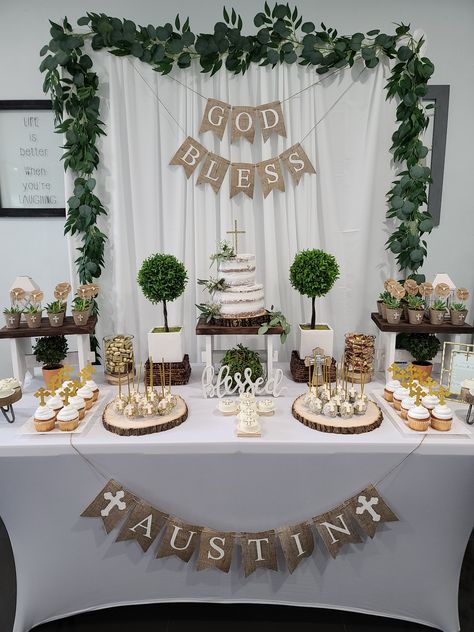 Baptismal Table Set Up, Party In House Decoration, Confirmation Decoration Ideas, Conformation Party Ideas Confirmation Cakes, Communion Cupcakes For Boys, Confirmation Ideas Decorations, Confirmation Party Food, Conformation Party Idea, Bautizo Table Decoration