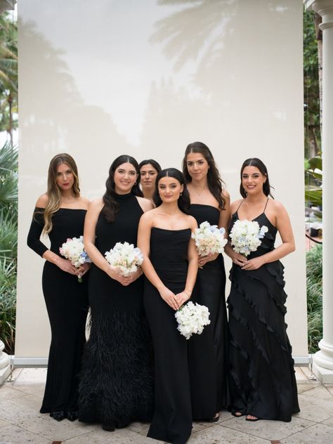 Embrace the beauty of individuality with mismatched bridesmaid dresses!  #blackbridesmaiddress #bridesmaids #bridesmaiddress Black Gown Bridesmaid, Black Dresses Bridesmaid, All Black Bridesmaid And Groomsmen, Fall Wedding With Black Bridesmaid Dresses, Black Maid Of Honor Dresses, Mob Wife Wedding Aesthetic, Black Different Bridesmaid Dresses, Bridesmaids Black Dresses Mismatched, Black Bridesmaid Dresses Different Style