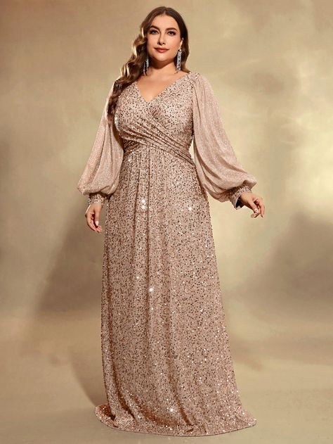 Champagne  Collar Long Sleeve Sequins Plain A Line Embellished Non-Stretch  Weddings & Events Champagne Dresses Formal, Plus Size Gala Dress Classy, Plus Size Dresses To Wear To A Wedding, Plus Size Formal Dresses For Wedding, Gala Dresses Classy, Gown For Plus Size, Plus Size Gala Dress, Plus Size Gowns Wedding, Plus Size Wedding Outfits