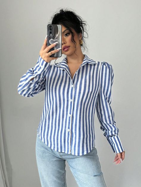 Autumn Casual Button Down Striped Gigot Sleeve Blouse Blue and White Casual  Extra-Long Sleeve Polyester Striped Shirt Non-Stretch  Women Clothing, size features are:Bust: ,Length: ,Sleeve Length: Stripe Shirt Outfits Women, Blue And White Striped Shirt Outfit, Shirt Outfits Women, White Striped Shirt Outfit, Striped Shirt Outfit, Outfits With Striped Shirts, Gigot Sleeve, Blue And White Striped Shirt, Autumn Casual