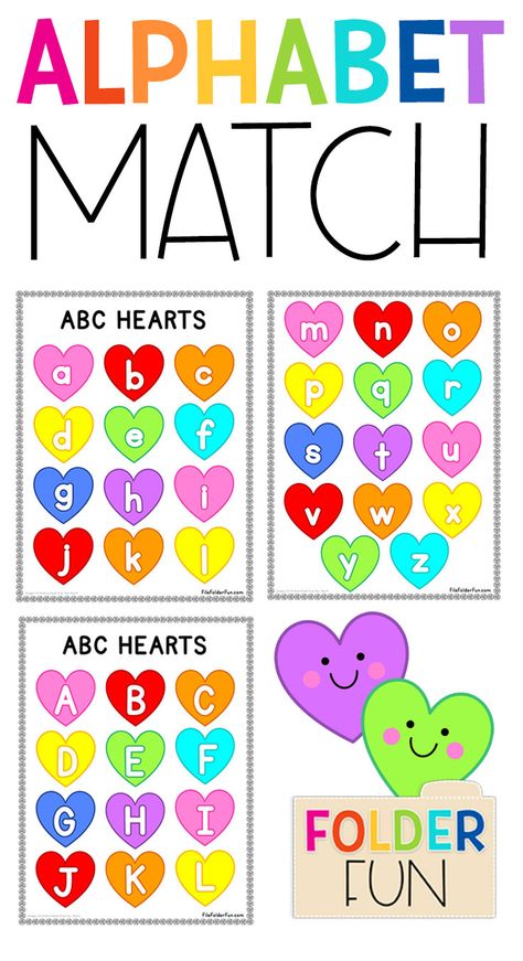 Free printable alphabet matching game for kids! Students work on letter recognition as they match the uppercase letters to the lowercase letters in this free printable file folder game. Great for learning centers. Alphabet File Folder Free Printables, Heart Alphabet Letters Printable, File Folder Games Free, Alphabet Matching Game, File Folder Games Preschool, Letter Matching Game, Alphabet Letter Matching, Folder Activities, Free Printable Alphabet