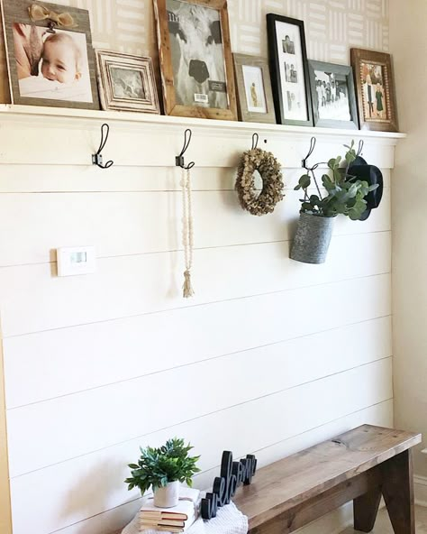 Entrance Bench And Hooks, Picture Shelf Entryway, Photo Ledge Entryway, Shiplap With Hooks Entry, Floating Shelf With Hooks Underneath, Shiplap With Picture Ledge, Mudroom Shiplap Ideas, Shiplap Entryway With Hooks, Picture Ledge With Hooks