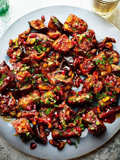 Pomegranate and Aubergine Salad with Harissa and Sun-Dried Tomatoes Sabrina Ghayour, Guest Recipes, Arabisk Mad, Aubergine Salad, Salsa Guacamole, Country Bread, Nigella Lawson, Eggplant Recipes, Sun Dried Tomatoes