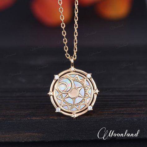 🌙 Vintage Opal Necklace Sun Moon Star Yellow Gold North Star Pendant Witch Jewelry Esoteric Necklace Protection Necklace Unique Gift For Her Check my Best Seller Opal compass necklace: https://www.etsy.com/listing/1425707402 🌙 Details: -Stone 1: Lab Opal, 12mm Round  -Stone 2: Round Moissanite (Silver pendant will use cubic zirconia) -Metal Choice: 925 Sterling Silver/10K/14K/18K Solid Gold(Rose, White, or Yellow)  **100% handmade & shipped in the USA The making process is about 2.5-4 weeks. ? North Star Pendant, Necklace Sun, Witch Jewelry, Compass Necklace, Magical Jewelry, Protection Necklace, Necklace Unique, Moonstone Necklace, Moon Star