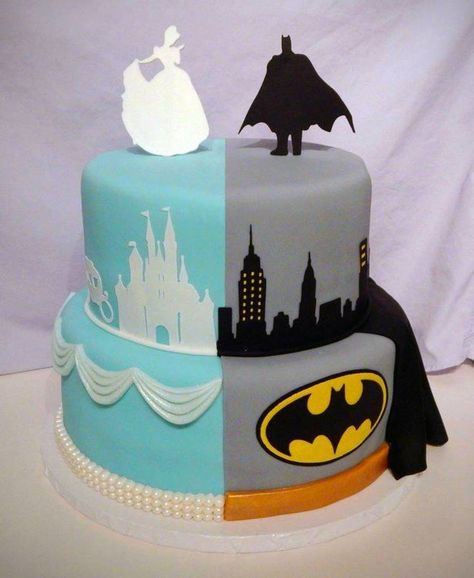 Batman / Cinderella Cake For Twins Bottom tier is supposed to mimic their outfits. Middle tier is landscape/scene. Top is character. Birthday Cake For Boy And Girl Together, 2 In 1 Cake For Boy And Girl, Half Boy Half Girl Cake, Double Birthday Cake Boy And Girl, Twin Cakes Ideas Boy And Girl, Cake For Twins Boy And Girl, Birthday Cake For Twins Boy And Girl, Dual Cake Design, Twin Cake Ideas