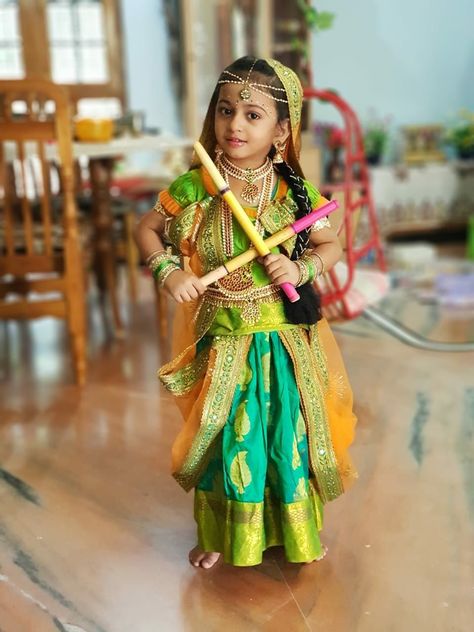 Radha Gopikamma Getup For Baby Girl, Radha Dressing For Girl, Radha Kids Costume, Radha Outfit For Kids, Radha Makeup For Kids, Gopikamma Getup For Kids, Gopika Getup For Baby Girl, Radha Dress For Kids, Radha Fancy Dress For Kids