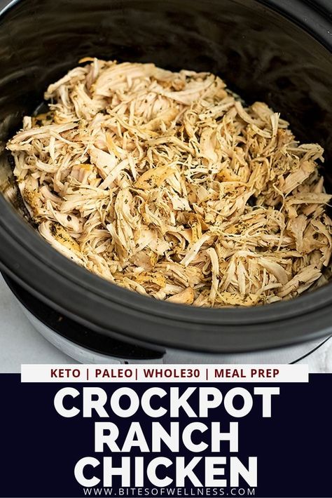 Crockpot Ranch Chicken is the perfect simple healthy dinner recipe! You can use this shredded chicken in tacos, salads, sandwiches, or stuffed into potatoes. This recipe is naturally gluten free, dairy free, Whole30 and keto! via @bitesofwellness Crockpot Ranch Chicken, Ranch Chicken Crockpot, Ranch Chicken Recipes, Healthy Dinner Recipe, Chicken Crockpot, Whole30 Recipes, Fitness Community, Ranch Chicken, Dinner Recipes Crockpot