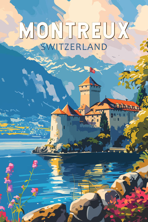 Retro-style illustration of Montreux, Switzerland, featuring Chillon Castle on the shores of Lake Geneva with majestic mountains in the background under a bright blue sky. Travel Postcards Aesthetic, Chillon Castle, Montreux Switzerland, Switzerland Art, Switzerland Cities, Retro Style Posters, Global City, Vintage Advertising Posters, Travel Postcard