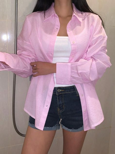 Pink Casual Collar Long Sleeve Polyester Plain Shirt Embellished Non-Stretch Spring/Summer/Fall Women Clothing Pink Button Up Shirt Outfit, Button Up Shirt Outfit, Pink Button Up Shirt, Plain Shirts, Primavera Estate, Autumn Summer, Button Up Shirt, Shirt Outfit, Up Shirt