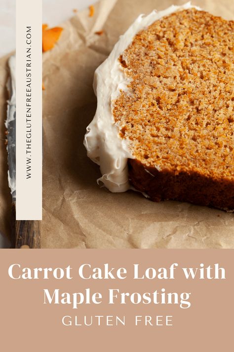 This Simple Gluten Free Spiced Carrot Cake Bread is topped with a delectable maple cream cheese frosting. Made with simple ingredients this delicious carrot cake bread will quickly become a staple in your kitchen. It is a perfect addition to any brunch gatherings. Gluten Free Carrot Cake Recipe, Carrot Bread Recipe, Spiced Carrot Cake, Carrot Cake Bread, Gf Treats, Maple Cream Cheese Frosting, Carrot Cake Loaf, Maple Cream Cheese, Carrot Bread