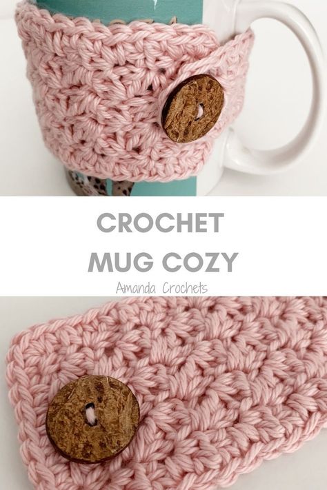 Coffee Mug Koozie Free Pattern, How To Crochet A Coffee Cozy, Mug Koozie Crochet, Crochet Mug Cozy With Button, Coffee Mug Koozie Crochet, Crochet Projects With Buttons, Crochet Coffee Cozy With Handle, Crochet Mug Cosy, Cozy Cup Crochet Pattern