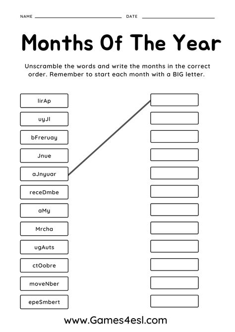 An ESL worksheet to teach months of the year in English. great for kids and beginner English language learners. Months In English, Homeschooling Teenagers, Weather For Kids, Word Puzzles For Kids, Free English Worksheets, English Homework, 12 Months Of The Year, Worksheets For Class 1, Teach English To Kids