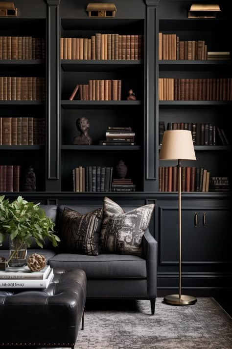 Home Library Ideas, Black Library, Bookcase Ideas, Photoshoot Reference, Academia Office, Home Library Rooms, Library Living Room, Head Study, Home Office Library