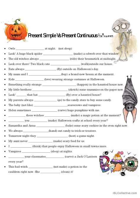 Halloween Sentences Simple Present v…: English ESL worksheets pdf & doc Present Perfect Worksheets Grammar, Halloween Esl Activities, Halloween English Worksheets, Present Simple Worksheets For Kids, Halloween Grammar Activities, Halloween English Activities, Halloween Esl, Halloween Sentences, Halloween Elementary