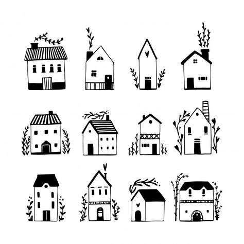 Scandinavian houses set. hand-drawn illu... | Premium Vector #Freepik #vector #house #building #line #cartoon Easy House Drawing, House Drawing Ideas, Cottage Drawing, House Doodle, Scandinavian Houses, House Sketch, Black And White Sketches, Home Tattoo, House Illustration