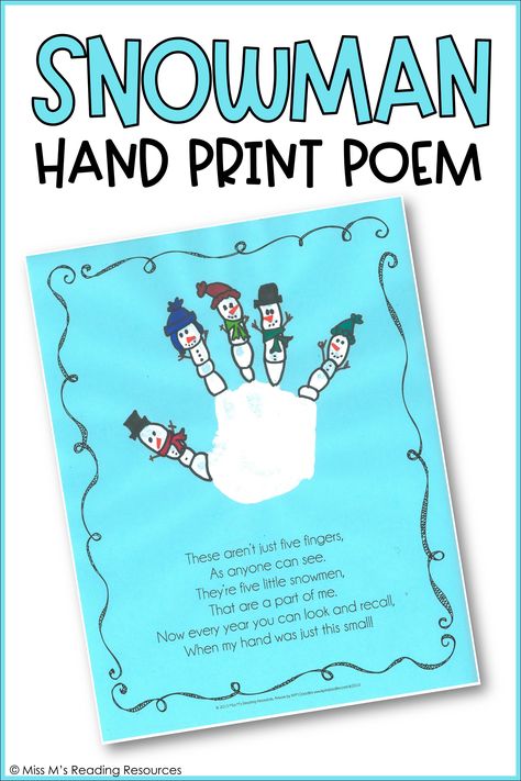 The Snowman Handprint Art is a single-page PDF project for a student's handprint. Print on light-colored paper (necessary in order to see the white paint), paint students' hands with white tempera paint, and have them stamp their handprint in the middle of the blank space. Once dry, have students draw snowmen on their fingers (fine point sharpies work best). #MissMsReadingResources #Snowman #Art #HolidayArt #Handprint #Kindergarten Snowman Handprint Card, Snowman Handprint Craft, Holiday Crafts Kindergarten, Hand Print Snowman, Snowman Handprint, Handprint Snowman, Crafts Kindergarten, Hand Print Art, Holiday Classroom Activities