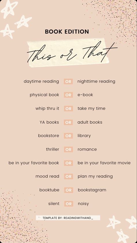 This Or That Bookish Edition, Bookish This Or That, Bookstagram Content, Mood Reader, Bookstagram Templates, Book Review Template, Book Reading Journal, Literary Themes, Book Exchange