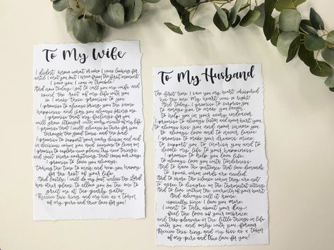 "These hand-written custom prints are a beautiful way to display and remember your wedding vows, scripture, or any meaningful poem or quote. This would also make a sentimental anniversary gift your partner is sure to love! I hand-letter your requested text in my own modern calligraphy style font using a brush pen on a high quality white piece of paper with a deckled edge.  There are two sizes  to choose from - 10x13\"and 10x16\".  The 10x13 size will fit up to 200 words and the 10x16 size will f His And Hers Vows, Letter To Husband On Wedding Day, Bride Vows To Groom, Unique Wedding Vows To Husband, Wedding Vows To Husband Cry Funny, Wedding Vows To Wife, Vows To Wife, Wedding Vow Examples, Vows To Husband