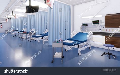 Modern emergency room interior with row of empty hospital beds and various first aid medical equipment. With no people 3D illustration on medicine and health care theme from my own 3D rendering file. #Ad , #SPONSORED, #hospital#empty#aid#beds Nurses Station, Maternity Hospital, Hospital Interior, Hospital Bed, Hospital Design, Business Icons Design, Emergency Room, Medical Equipment, 3d Rendering