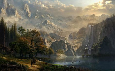 Riding to the castle on the mountain Lukisan Lanskap, Medieval Music, Fantasy Wallpaper, Albert Bierstadt, Celtic Music, Fantasy Background, Fantasy Castle, Fantasy Setting, Fantasy Places