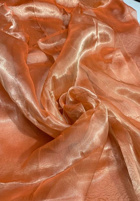 "Metallic  tissue organza  Orange color  100% Silk Organza 45\" wide. Usable for Apparel and interior designing." Silk Route, Silk Chiffon Fabric, French Silk, Interior Designing, Peach Orange, Organza Fabric, Orange Fabric, Silk Organza, Gorgeous Fabrics