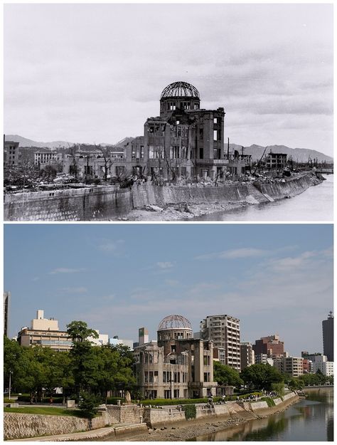 The gutted Hiroshima Prefectural Industrial Promotion Hall (C), which is currently called the Atomic Bomb Dome or A-Bomb Dome, after the bombing of Hiroshima on 6 August 6, 1945 and the same location near Aioi Bridge in Hiroshima in 2015 Hiroshima And Nagasaki, Hiroshima Nagasaki, Hiroshima City, Then And Now Pictures, Hiroshima Peace Memorial, Then And Now Photos, Historia Universal, Japan History, Nagasaki