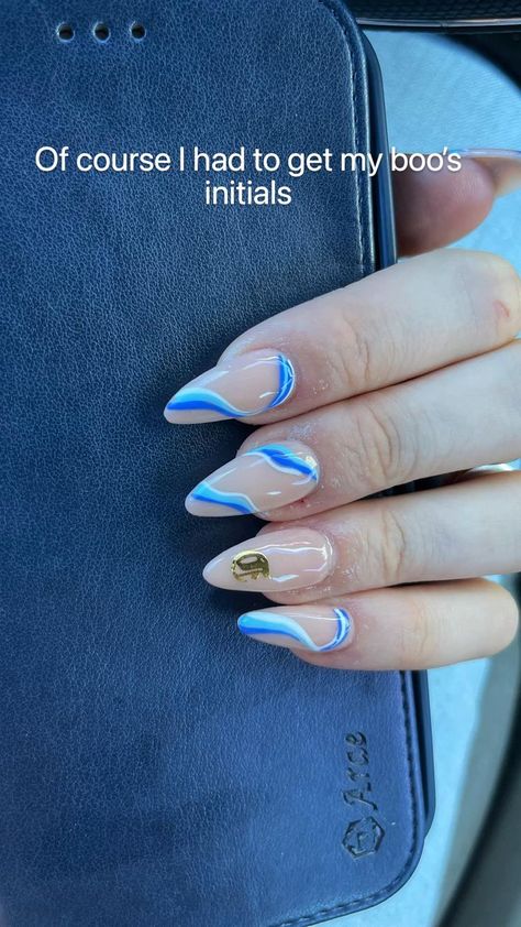 Short Acrylic Nails Designs Almond, Nails Initials Design, Nails With Initials, Teal Acrylic Nails, Nails Short Acrylic, Acrylic Nails Short, Almond Acrylic, Teal Nails, Almond Nails Designs