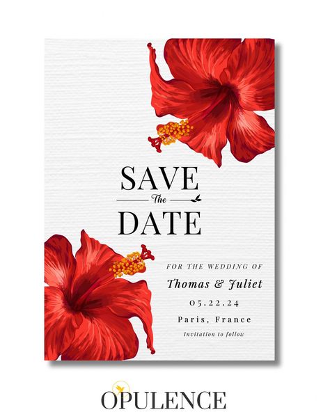 Opulence Invitations crisp modern Caribbean tropical wedding invitations. Hibiscus invites suitable for any event. #hibiscus #redhibiscus Water Color Wedding, Hibiscus Water, Tropical Save The Date, Hibiscus Wedding, Burgundy Invitations, Digital Save The Date, Tropical Invitations, Green Invitations, Classic Invitation