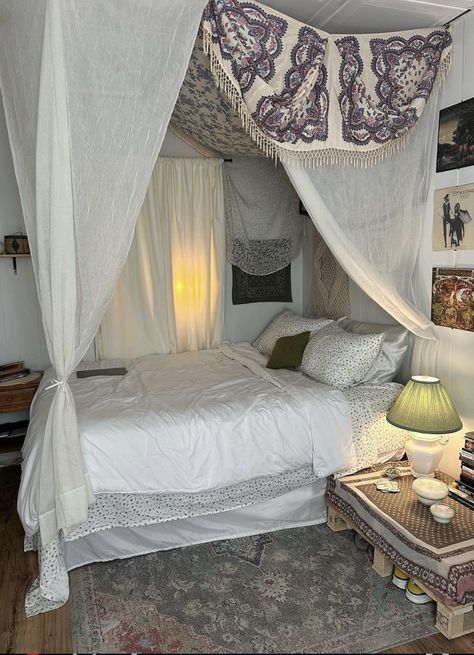 Homemade Bed Canopy, Long Attic Bedroom Ideas, Canapes Bed Ideas, Homemade Canopy For Bed, Canopy Bed Against Wall, Fabric Over Bed, Day Bed Aesthetic, Diy Canopy Bed Ideas, Bed Canopy Aesthetic