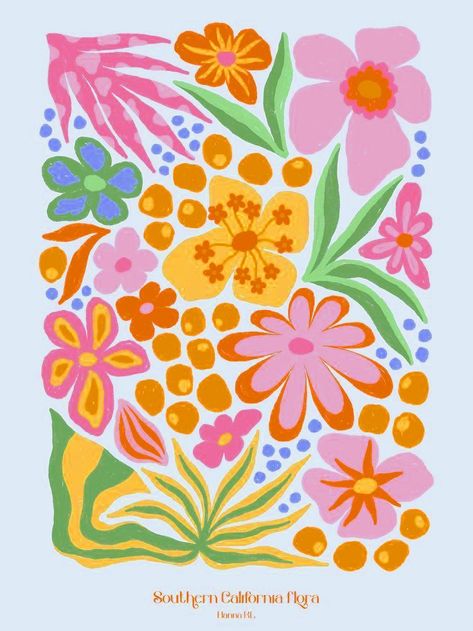 Indie Flower Painting, Easy Prints To Draw, Pink And Orange Senior Parking Spot, Paint Board Ideas, Funky Flower Art, Wall Art Pictures Free Printables, Simple Floral Illustrations, Floral Parking Spot Painting, Floral Senior Parking Spot Painting