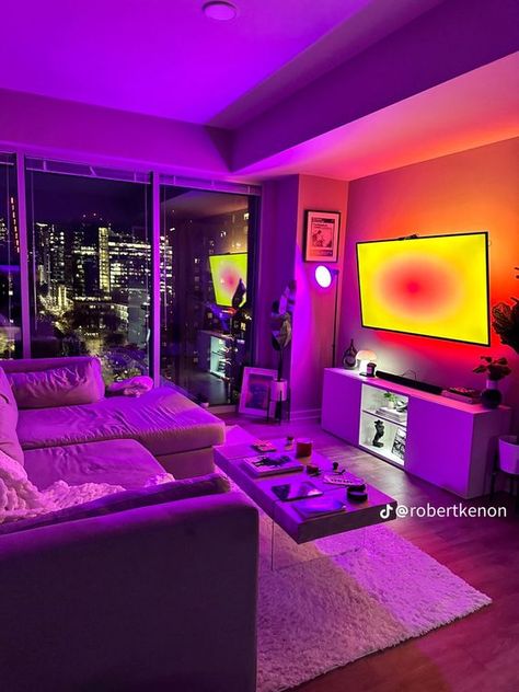 Glam Studio Apartment Ideas, Room Ideas For Grown Women, Aura Apartment Decor, Cute Cozy Living Room, Bf And Gf Apartment Decor, Cute Modern Living Room Ideas, Led Living Room Aesthetic, Apartment Lighting Aesthetic, Vibey Apartment Living Room