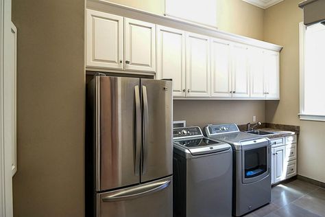 Laundry Room With Fridge, Laundry Room With Refrigerator, Laundry Room Tables, Pantry Laundry Room, Basement Laundry Room, Dream Laundry Room, Basement Laundry, Laundry Room Doors, Built In Refrigerator